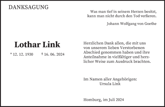 Traueranzeige von Lothar Link von saarbruecker_zeitung
