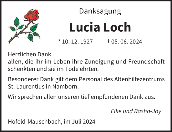 Traueranzeige von Lucia Loch von saarbruecker_zeitung