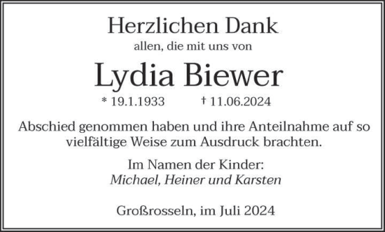 Traueranzeige von Lydia Biewer von saarbruecker_zeitung