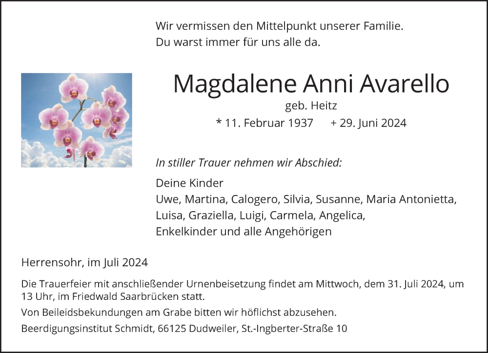 Traueranzeige für Magdalene Anni Avarello vom 27.07.2024 aus saarbruecker_zeitung