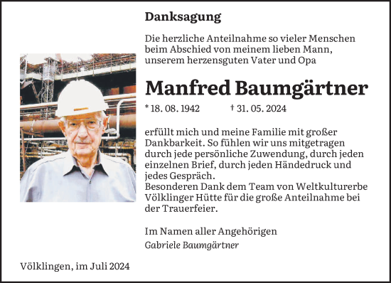 Traueranzeige von Manfred Baumgärtner von saarbruecker_zeitung