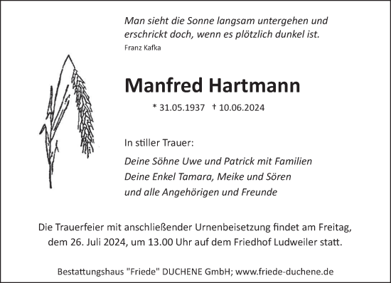 Traueranzeige von Manfred Hartmann von saarbruecker_zeitung