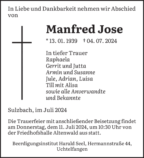 Traueranzeige von Manfred Jose von saarbruecker_zeitung
