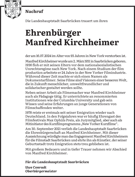 Traueranzeige von Manfred Kirchheimer von saarbruecker_zeitung