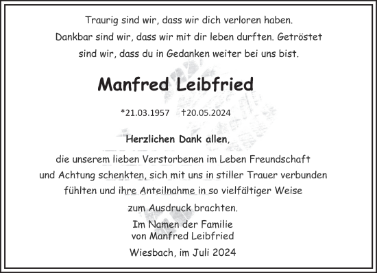 Traueranzeige von Manfred Leibfried von saarbruecker_zeitung