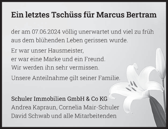 Traueranzeige von Marcus Bertram von saarbruecker_zeitung