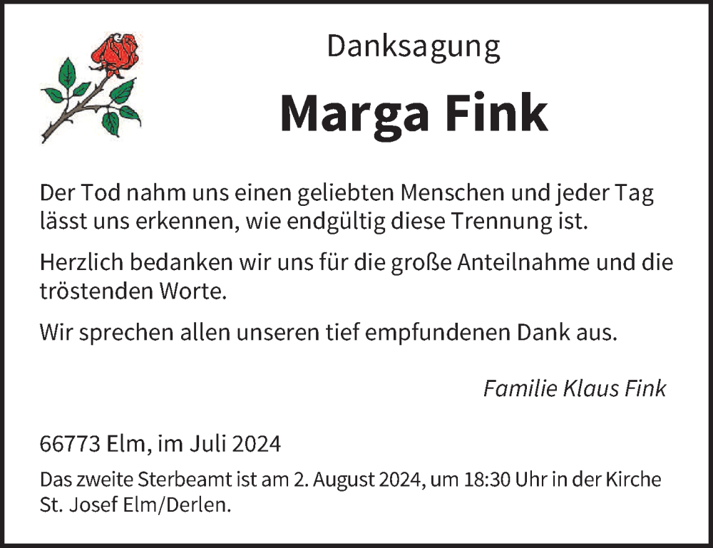  Traueranzeige für Marga Fink vom 27.07.2024 aus saarbruecker_zeitung