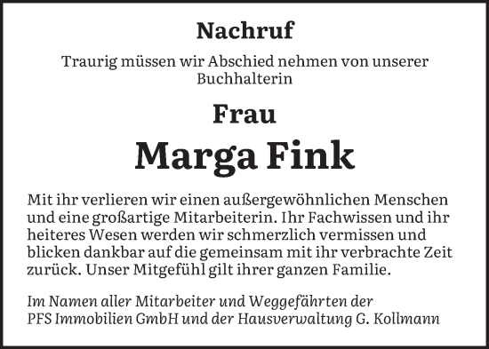 Traueranzeige von Marga Fink von saarbruecker_zeitung