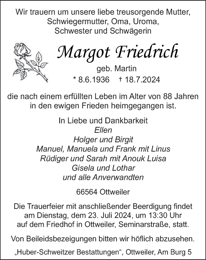  Traueranzeige für Margot Friedrich vom 20.07.2024 aus saarbruecker_zeitung