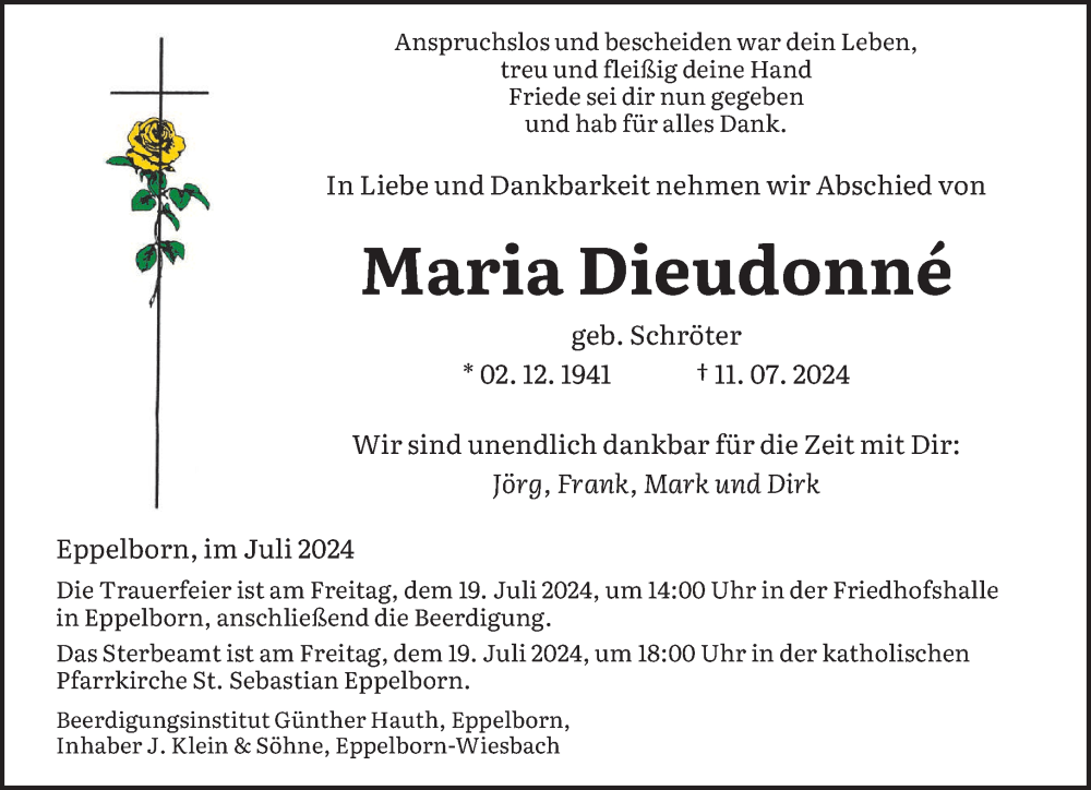 Traueranzeige für Maria Dieudonné vom 13.07.2024 aus saarbruecker_zeitung