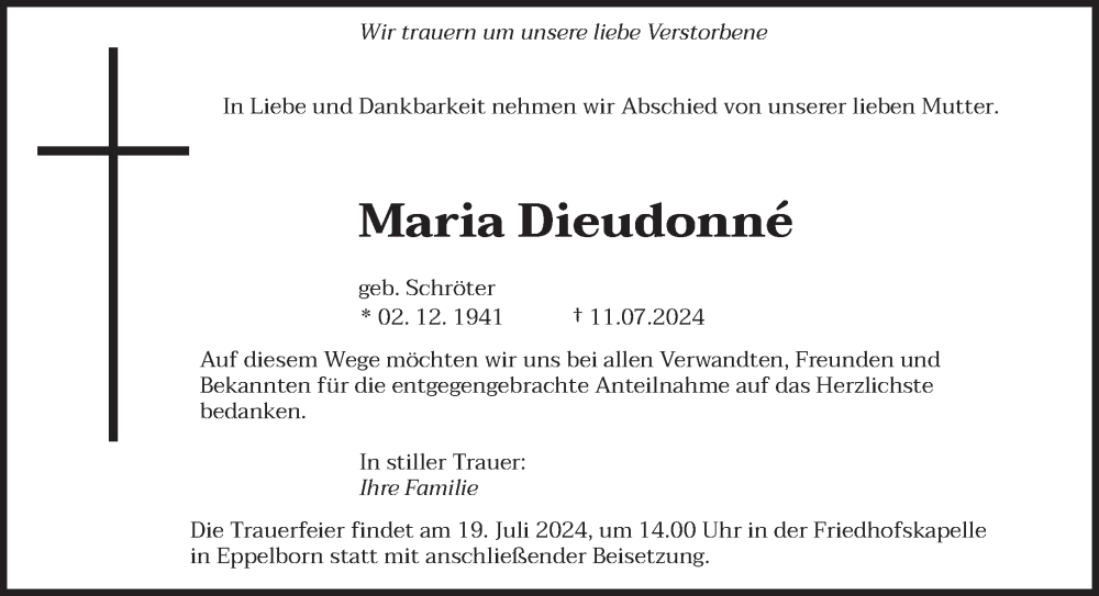  Traueranzeige für Maria Dieudonné vom 13.07.2024 aus saarbruecker_zeitung