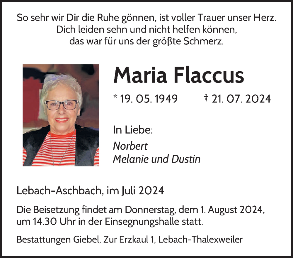  Traueranzeige für Maria Flaccus vom 27.07.2024 aus saarbruecker_zeitung