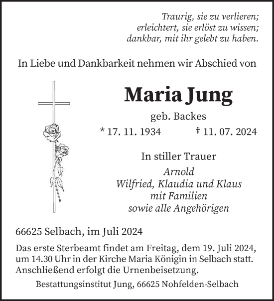 Traueranzeige von Maria Jung von saarbruecker_zeitung