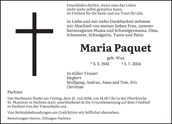 Traueranzeige von Maria Paquet von saarbruecker_zeitung