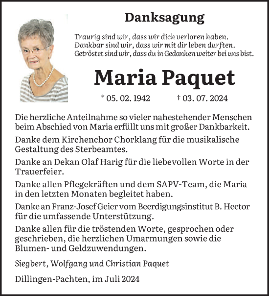 Traueranzeige von Maria Paquet von saarbruecker_zeitung