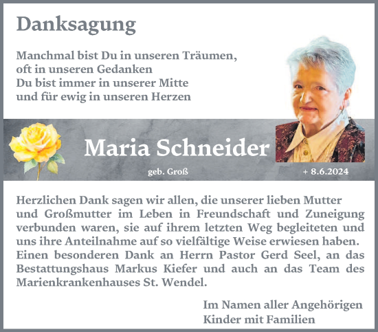 Traueranzeige von Maria Schneider von saarbruecker_zeitung