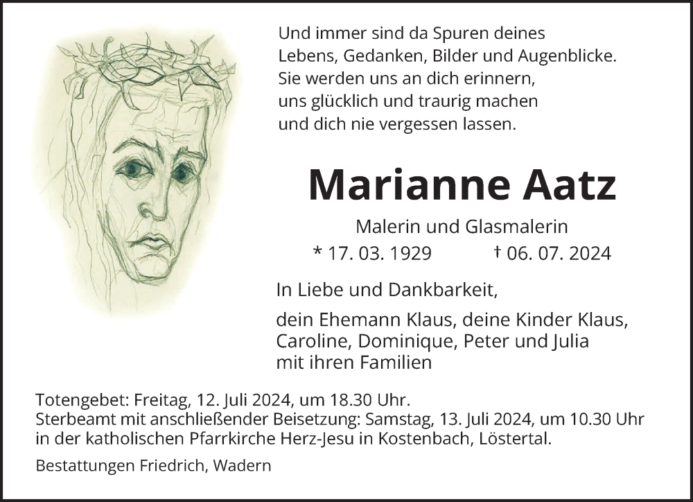  Traueranzeige für Marianne Aatz vom 10.07.2024 aus saarbruecker_zeitung