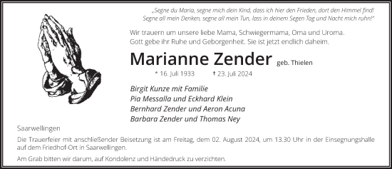 Traueranzeige von Marianne Zender von saarbruecker_zeitung