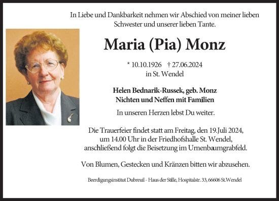 Traueranzeige von Maria Pia Monz von saarbruecker_zeitung