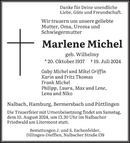 Traueranzeige von Marlene Michel von saarbruecker_zeitung