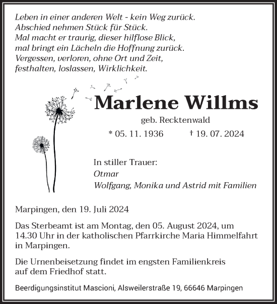 Traueranzeige von Marlene Willms von saarbruecker_zeitung