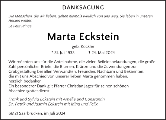 Traueranzeige von Marta Eckstein von saarbruecker_zeitung