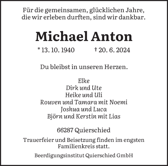 Traueranzeige von Michael Anton von saarbruecker_zeitung