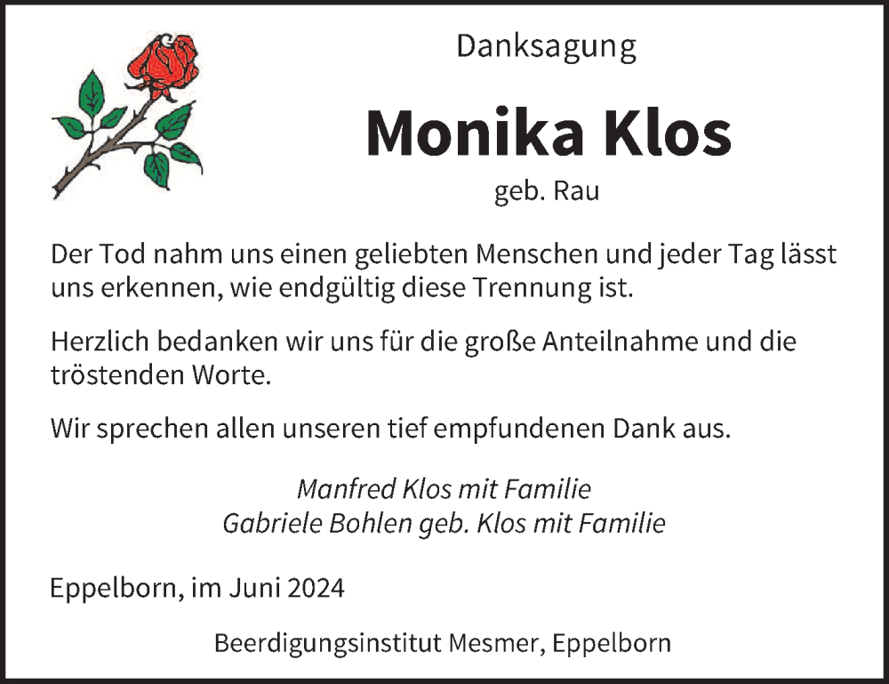  Traueranzeige für Monika Klos vom 20.07.2024 aus saarbruecker_zeitung