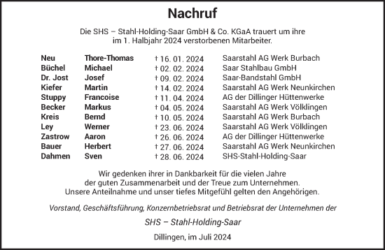 Traueranzeige von Nachruf SHS Mitarbeiter von saarbruecker_zeitung