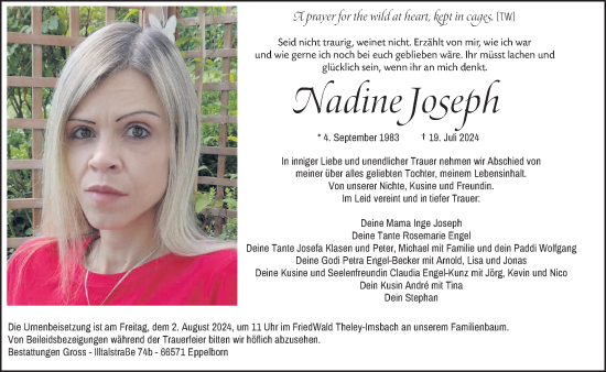 Traueranzeige von Nadine Joseph von saarbruecker_zeitung