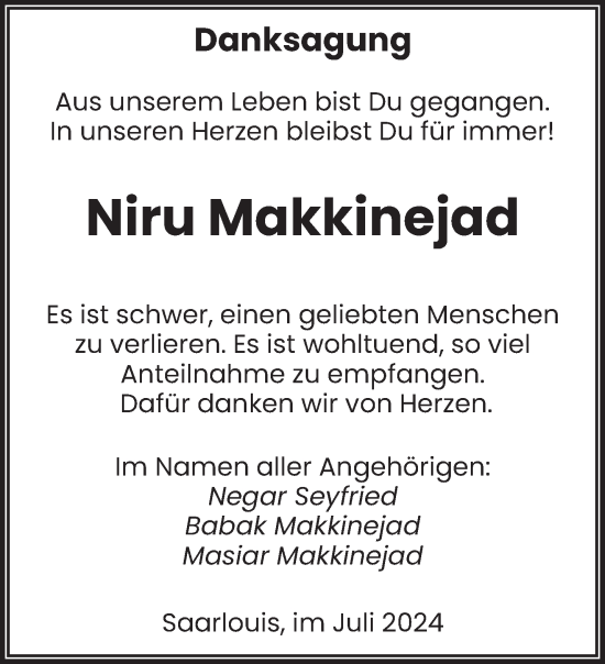 Traueranzeige von Niru Makkinejad von saarbruecker_zeitung