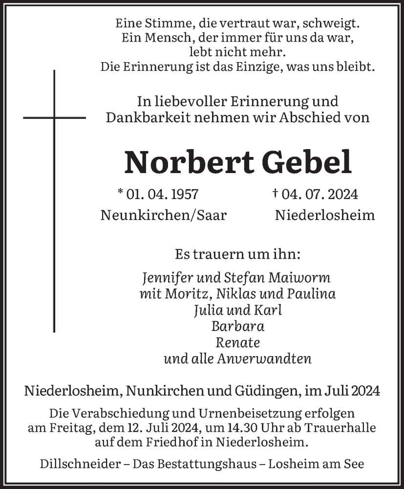  Traueranzeige für Norbert Gebel vom 09.07.2024 aus saarbruecker_zeitung