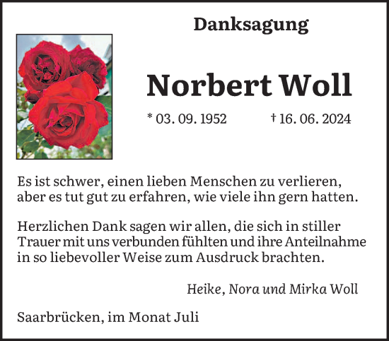 Traueranzeige von Norbert Woll von saarbruecker_zeitung