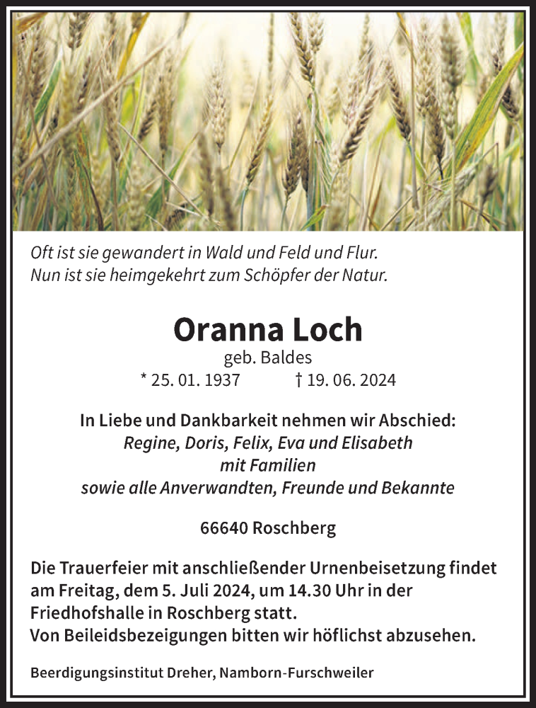  Traueranzeige für Oranna Loch vom 02.07.2024 aus saarbruecker_zeitung