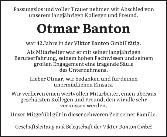 Traueranzeige von Otmar Banton von saarbruecker_zeitung