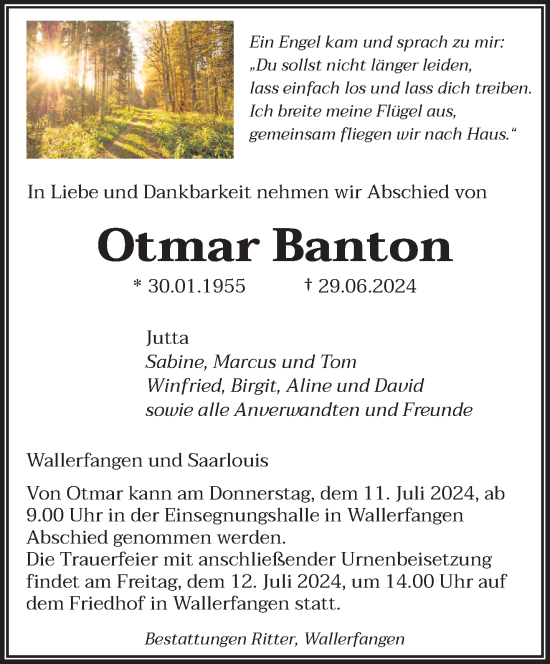 Traueranzeige von Otmar Banton von saarbruecker_zeitung