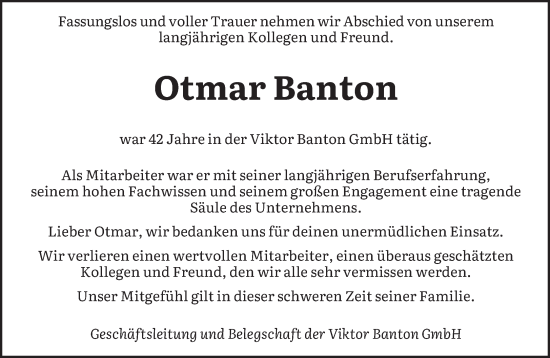 Traueranzeige von Otmar Banton von saarbruecker_zeitung