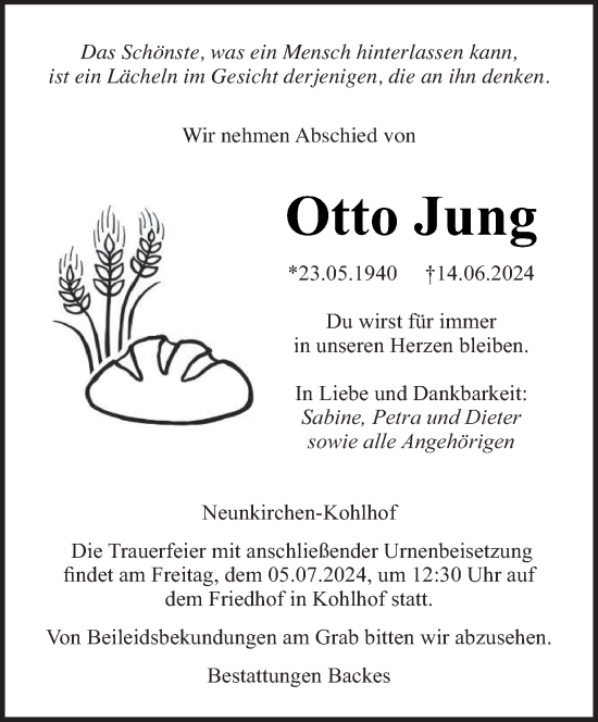 Traueranzeige von Otto Jung von saarbruecker_zeitung