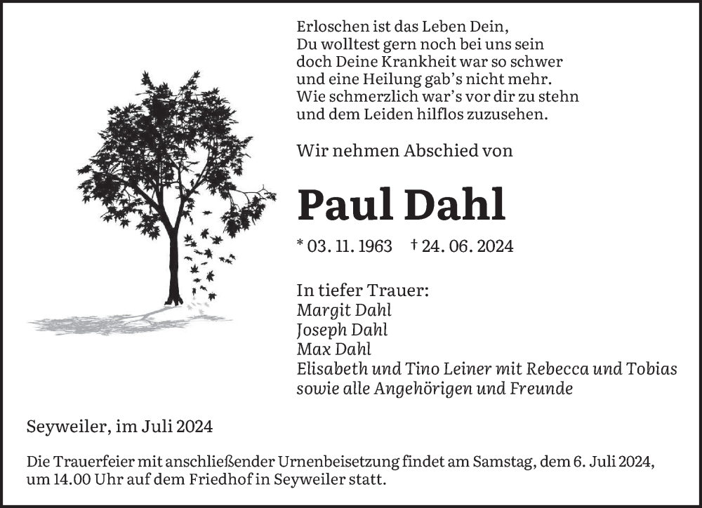  Traueranzeige für Paul Dahl vom 03.07.2024 aus saarbruecker_zeitung