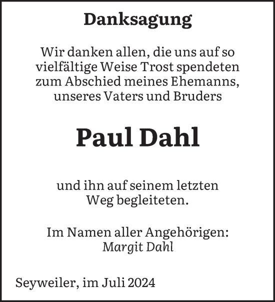 Traueranzeige von Paul Dahl von saarbruecker_zeitung