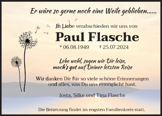 Traueranzeige von Paul Flasche von saarbruecker_zeitung