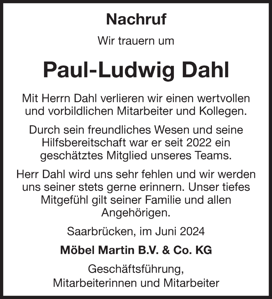  Traueranzeige für Paul-Ludwig Dahl vom 06.07.2024 aus saarbruecker_zeitung