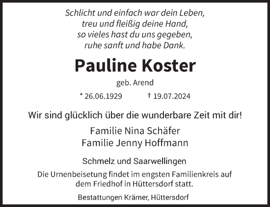 Traueranzeige von Pauline Koster von saarbruecker_zeitung