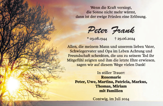 Traueranzeige von Peter Frank von saarbruecker_zeitung