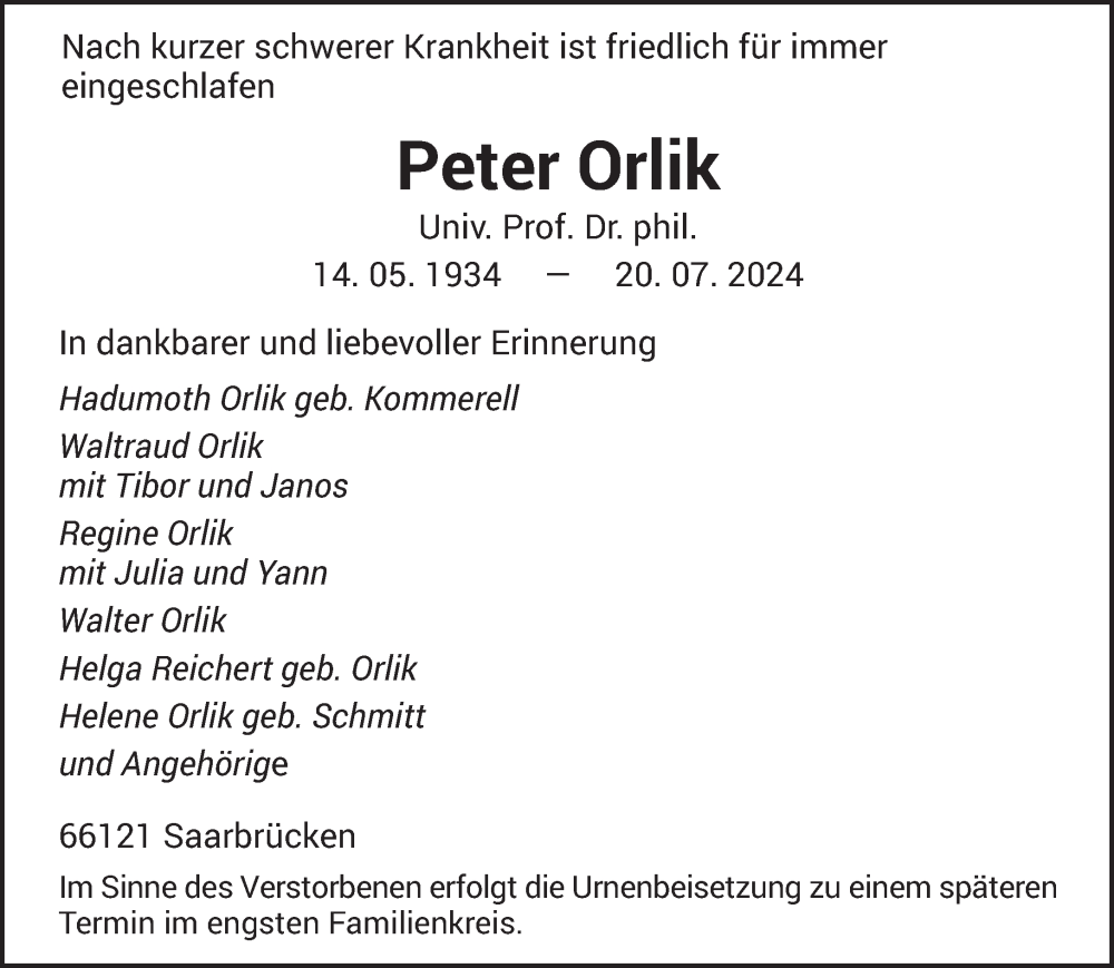  Traueranzeige für Peter Orlik vom 27.07.2024 aus saarbruecker_zeitung