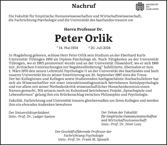 Traueranzeige von Peter Orlik von saarbruecker_zeitung