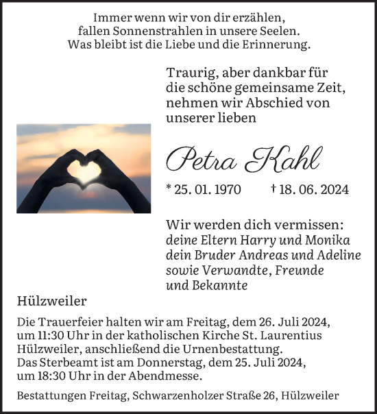Traueranzeige von Petra Kahl von saarbruecker_zeitung