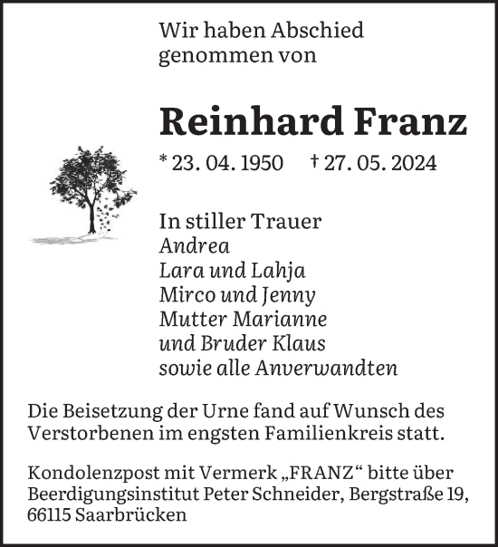 Traueranzeige von Reinhard Franz von saarbruecker_zeitung