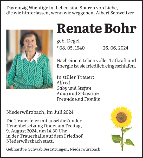 Traueranzeige von Renate Bohr von saarbruecker_zeitung