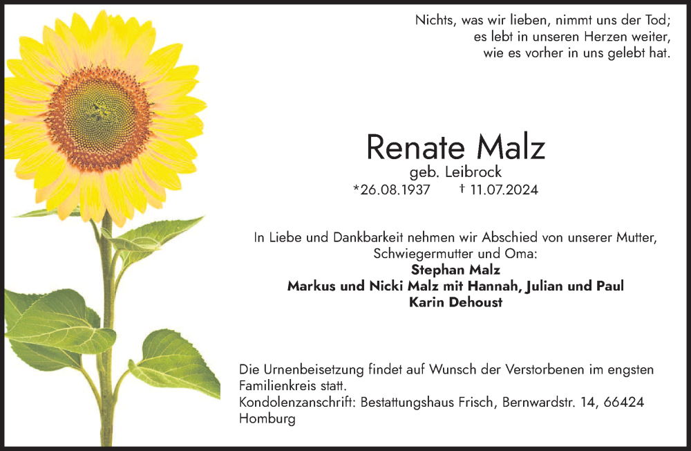  Traueranzeige für Renate Malz vom 20.07.2024 aus saarbruecker_zeitung